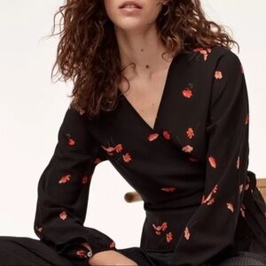 ARITZIA WILFRED Wilfred Black Floral Tie Up Blouse (XXS)